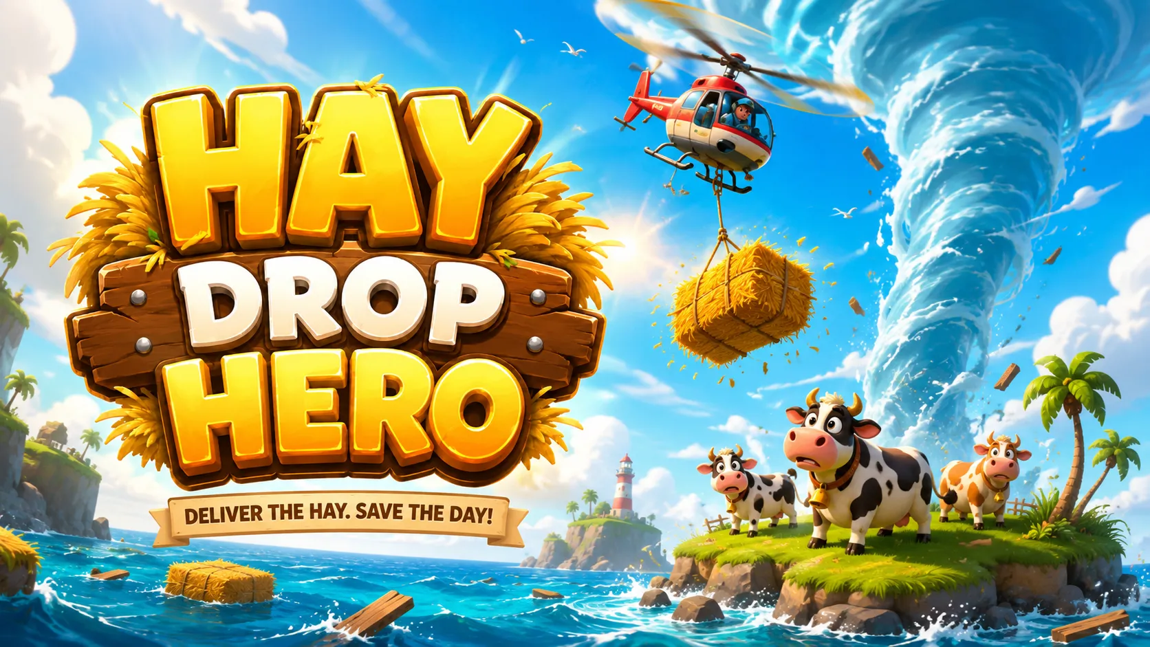 Hay Drop Hero key art: a helicopter airlifts a hay bale toward worried cows on a tiny island while a waterspout swirls behind them. A banner reads “Deliver the hay. Save the day!”